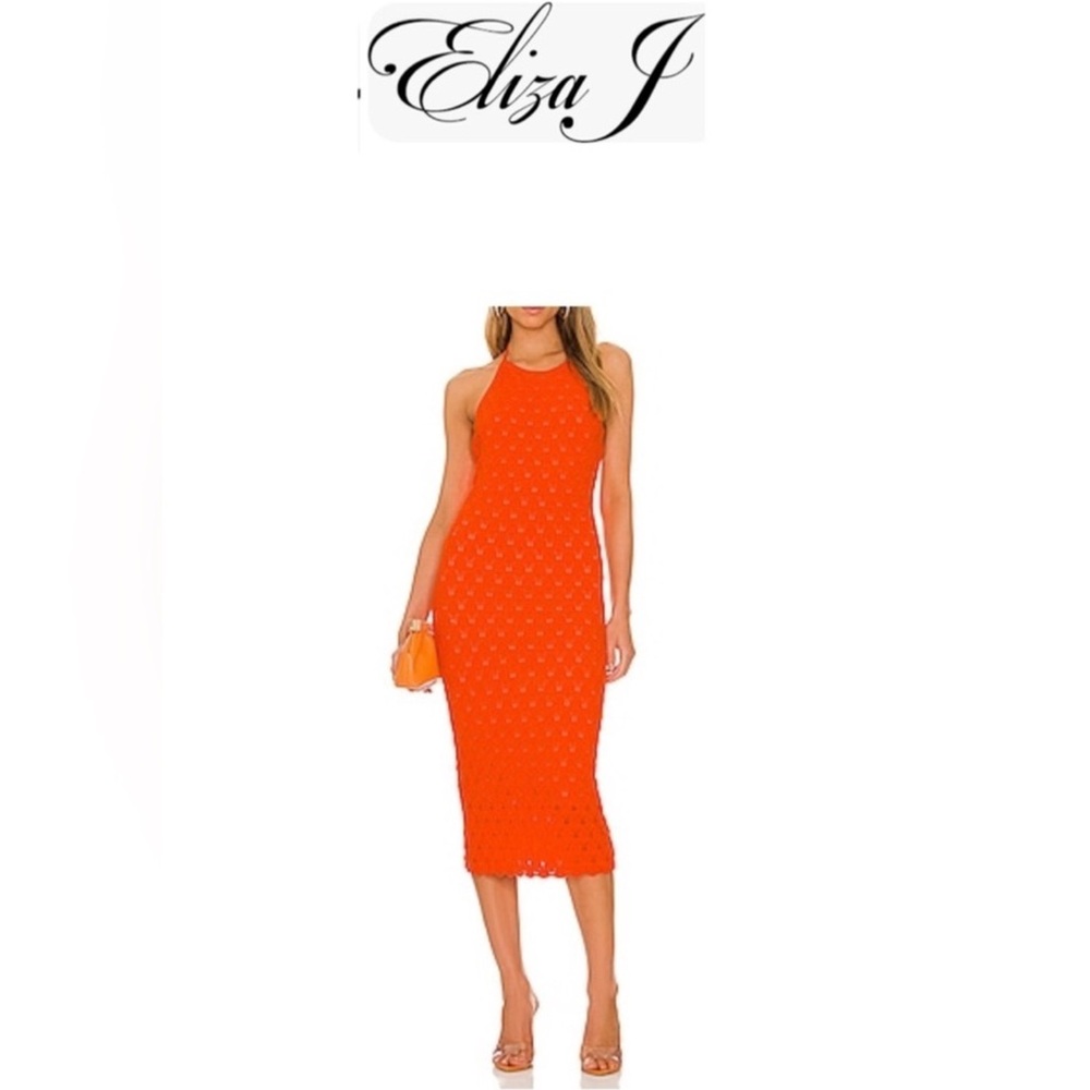 Eliza J vibrant orange crochet halter dress Size Small